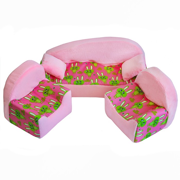 Мебель мягкая Диван+2 кресла+2подушки "Кролики розовые" с розовым плюшем НМ-002/2-31