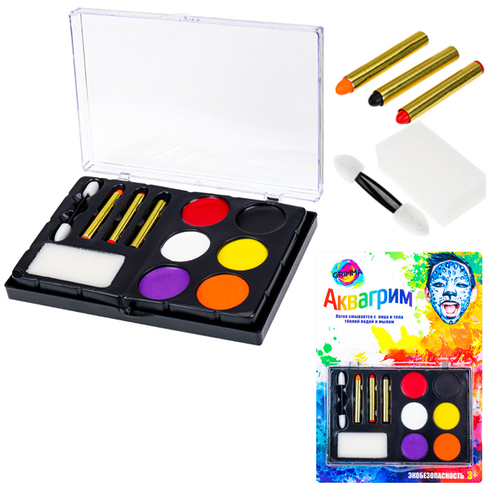 Набор для творчества Аквагрим 6 цветов, карандаш 3шт, спонж 1шт, аппликатор 1шт КС-4626