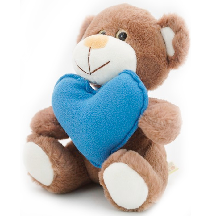 Медвежонок Сильвестр шоколадный 20/25 см с голубым флисовым сердцем 0913620-60