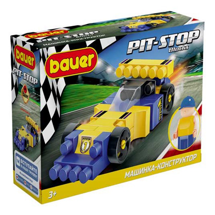 Констр-р Bauer 814 Гоночная машина в коробке "Pit Stop" (цвет синий, жёлтый)