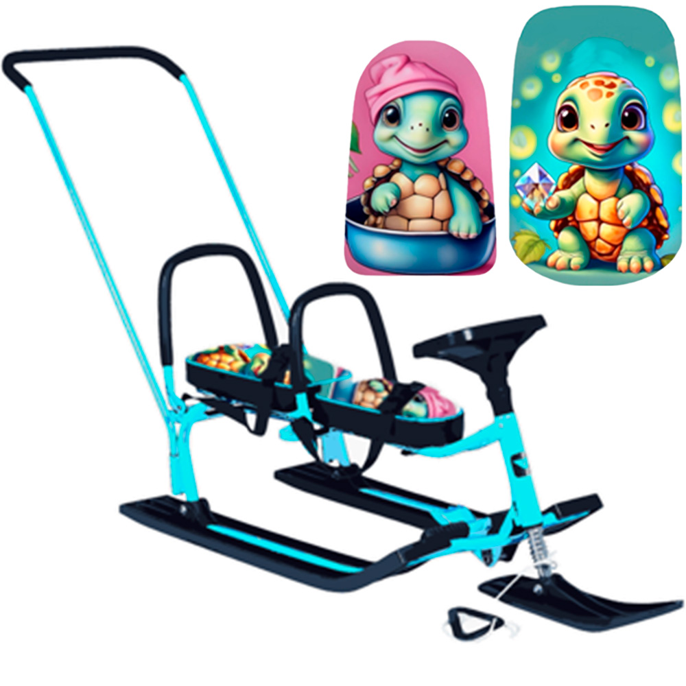 Снегокат 505 высокий SNOWKAT TWINS BABY PUSH для двоих, с 2 скл. спинк. П-обр толкатель Черепашки